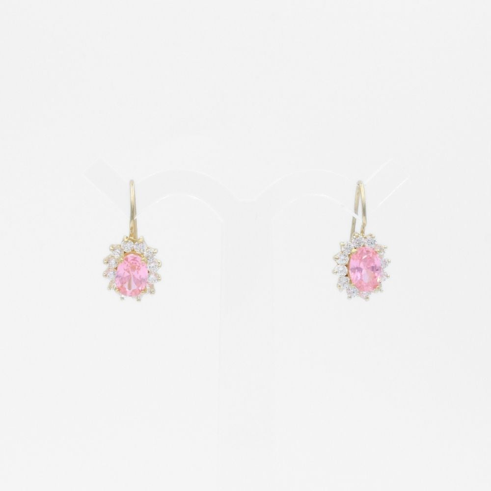 Arete con Broche Arillo de Oro 14k Flor de Zirconia Rosa con Zirconias Brillantes mod. 9765