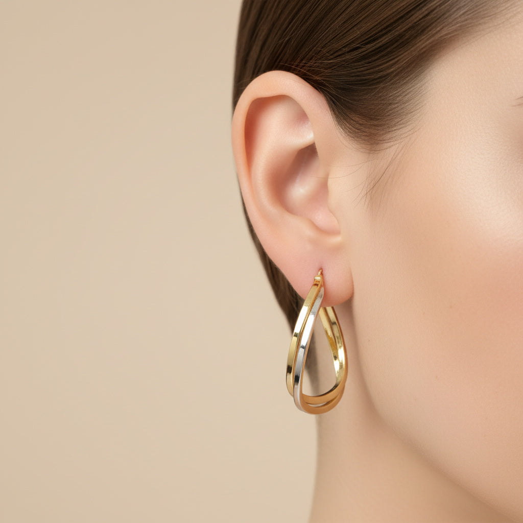 Arracada de Oro 14k Diseño Tubular Cuadrado y Hueco de Estilo Doble Torcido mod. 10041