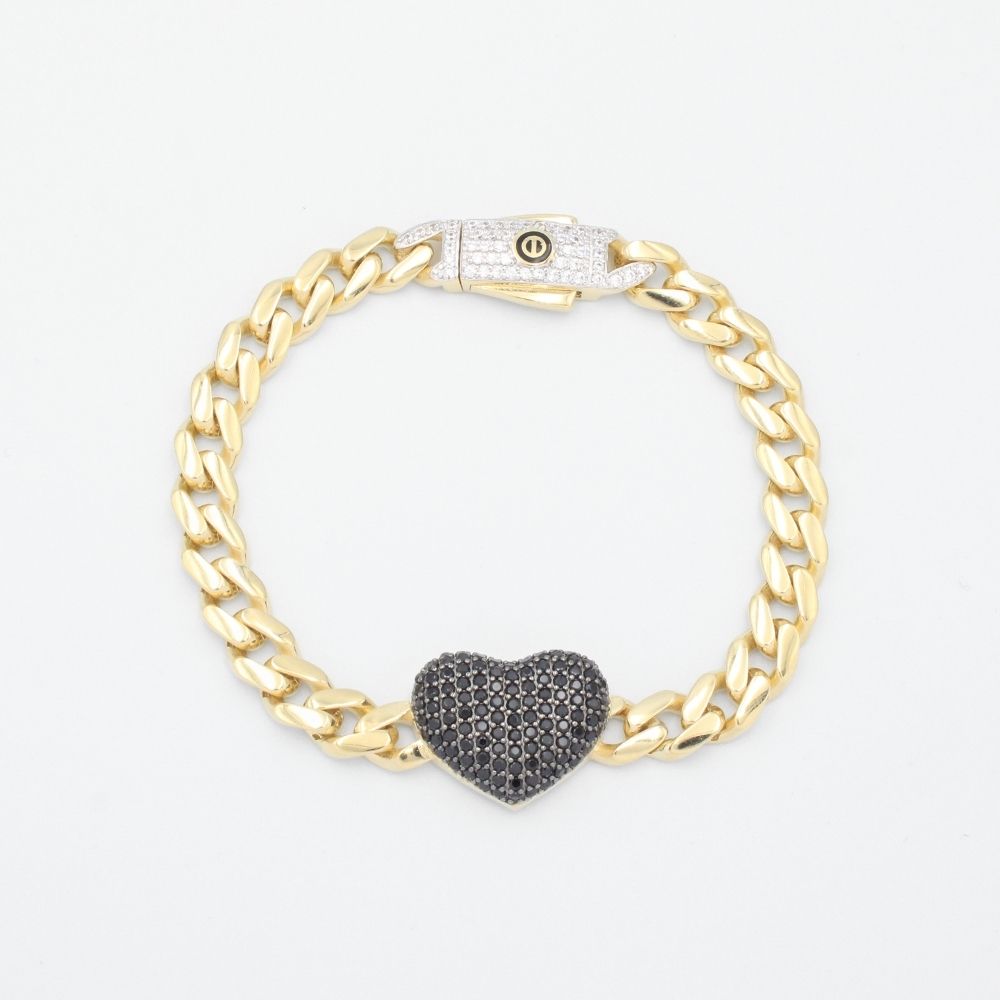 Pulsera de Oro 14k Diseño Hueco Plus con Corazón Incrustado con Zirconias Oscuras mod. 9379