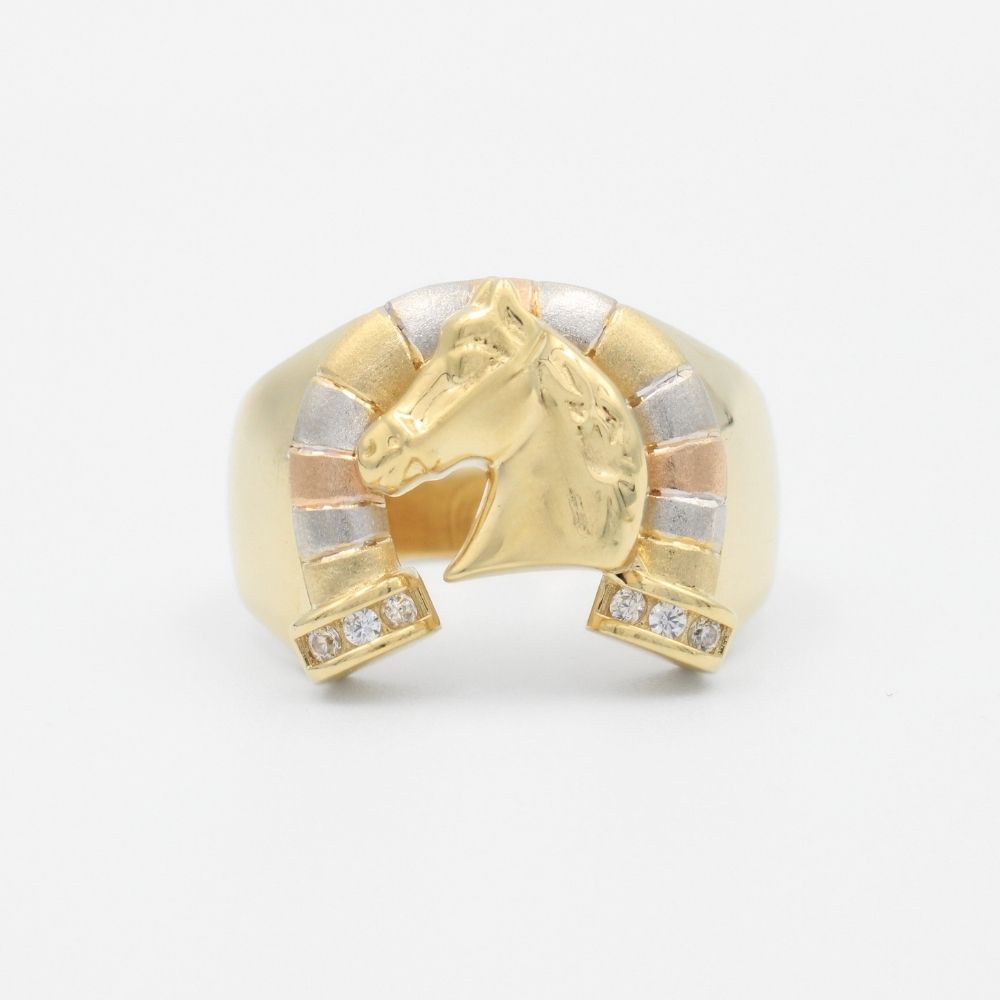 Anillo de Oro 14k Herradura de la Suerte con Caballo y Zirconias mod. 9450