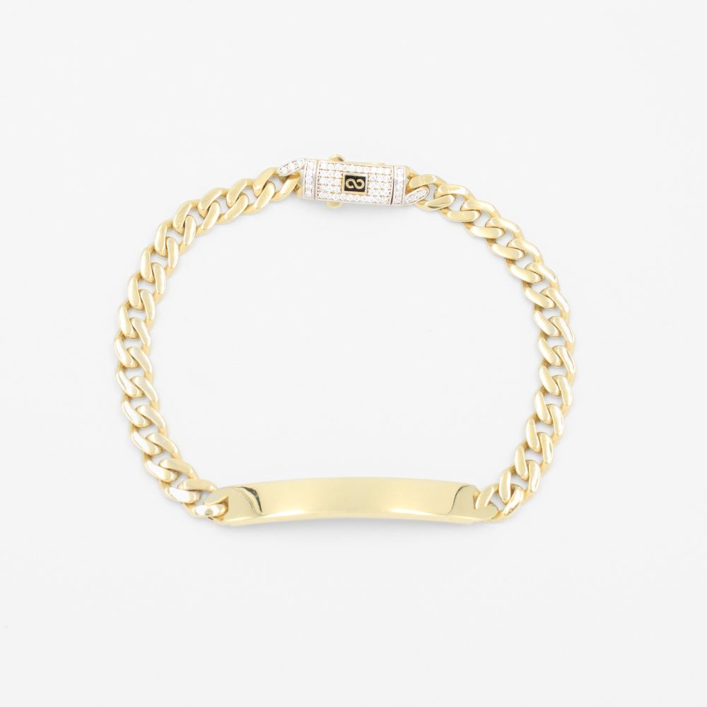 Esclava de oro 14k Tejido Barbado Hueco con Placa y Broche Incrustado con Zirconias Finas mod. 8222
