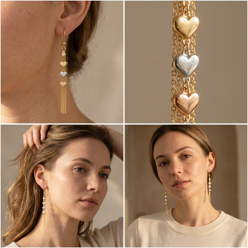 Arete Largo de Oro 14k Diseño de Cadena con Corazones Florentinos mod. 11231