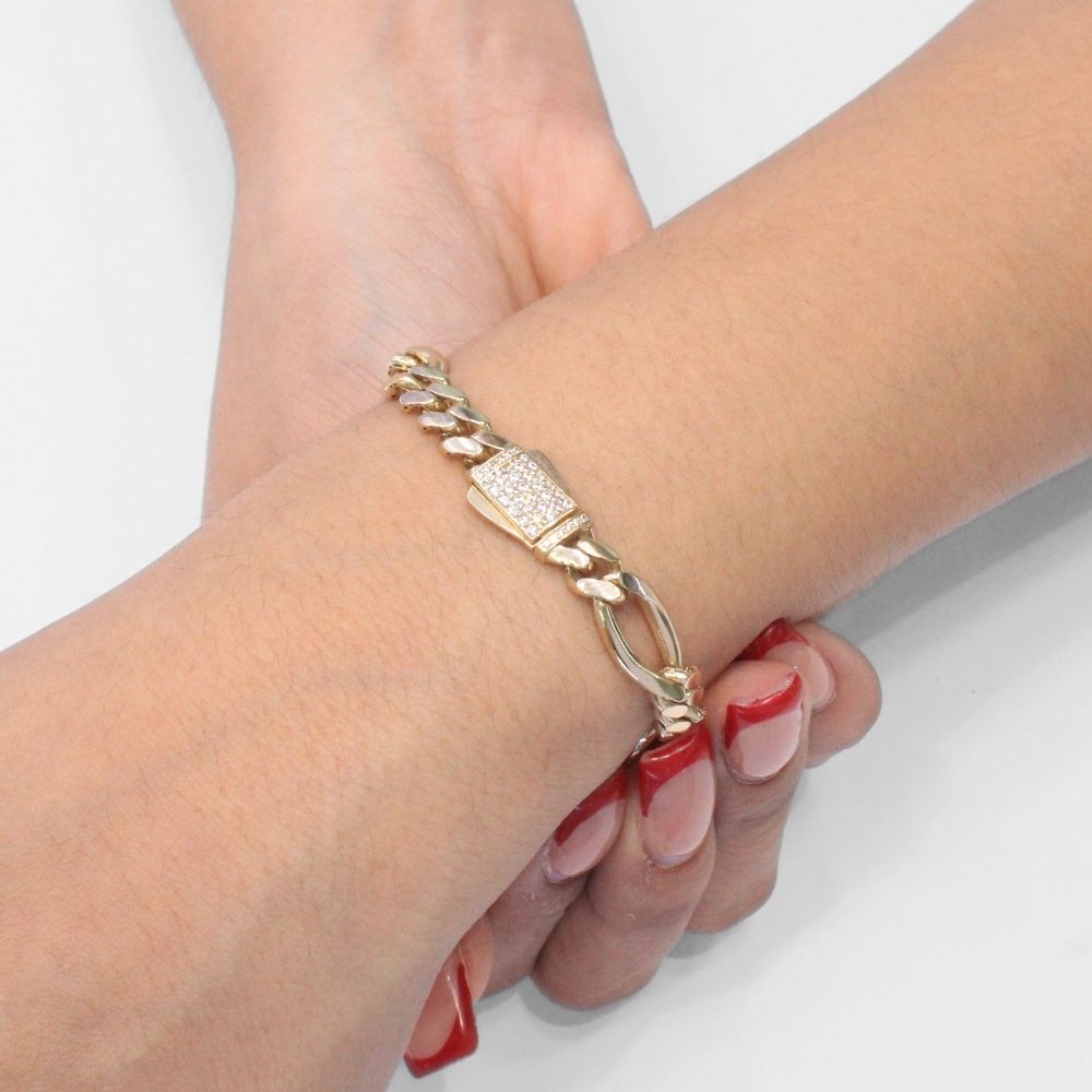 Pulsera de Oro 14k Tejido 3x1 Especial Semi Hueco con Broche Incrustado de Zirconias y Eslabón Amplio mod. 9884