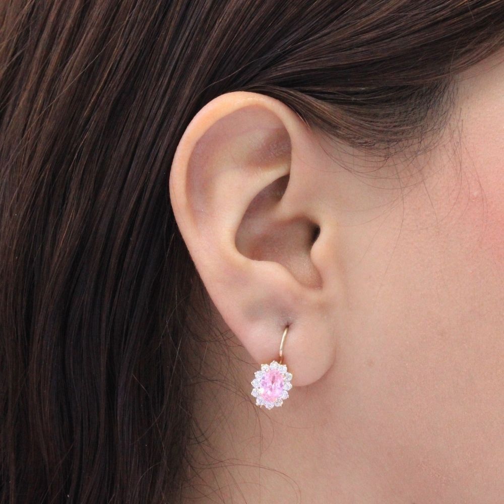Arete con Broche Arillo de Oro 14k Flor de Zirconia Rosa con Zirconias Brillantes mod. 9765