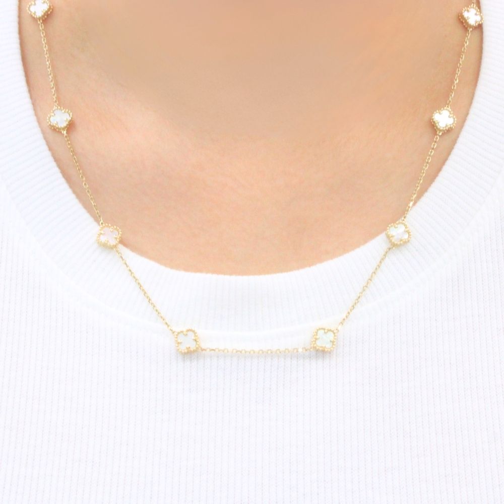 Gargantilla de Oro 14k Diseño Sautoir con Tréboles de Madre Perla mod. 9578