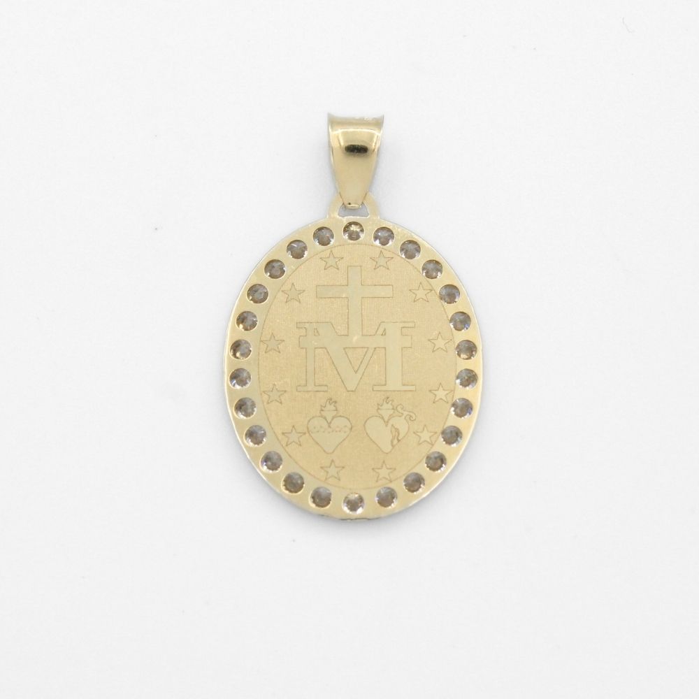 Medalla de Oro 14k Diseño Oval Mate Detallada con Grabado y Zirconias e Imagen de la Virgen Milagrosa mod. 9859