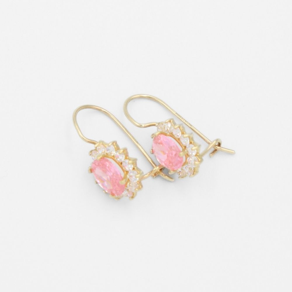 Arete con Broche Arillo de Oro 14k Flor de Zirconia Rosa con Zirconias Brillantes mod. 9765