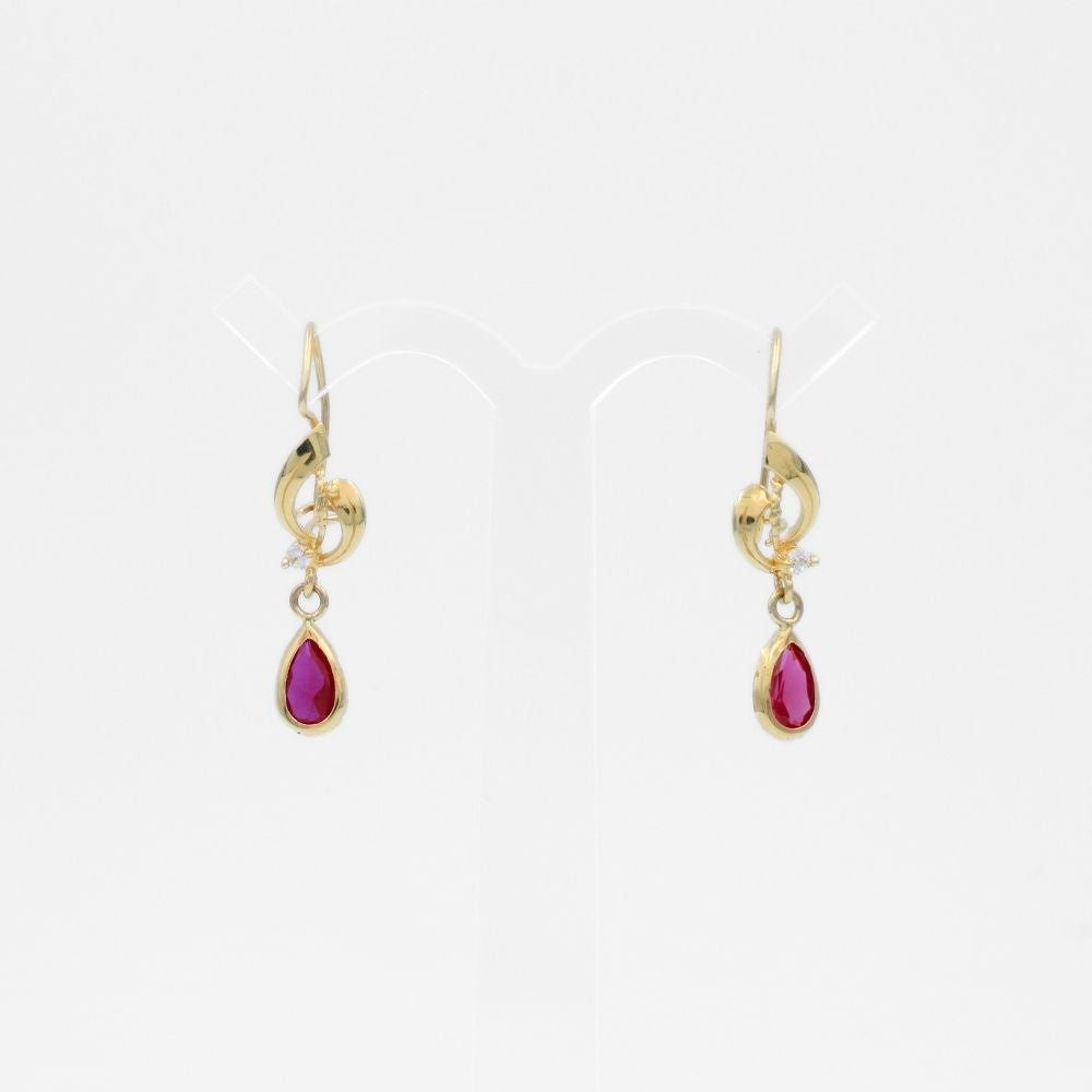 Arete con Broche Arillo de Oro 14k Estilo Largo Elegante con Zirconia Color Rojo Rubí mod. 9768