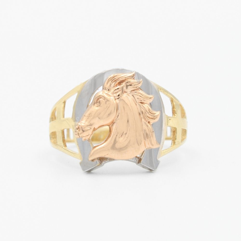 Anillo de Oro 14k Diseño Delgado con Herradura y Caballo Brillante mod. 9468