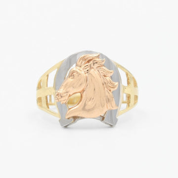 Anillo de Oro 14k Diseño Delgado con Herradura y Caballo Brillante mod. 9468