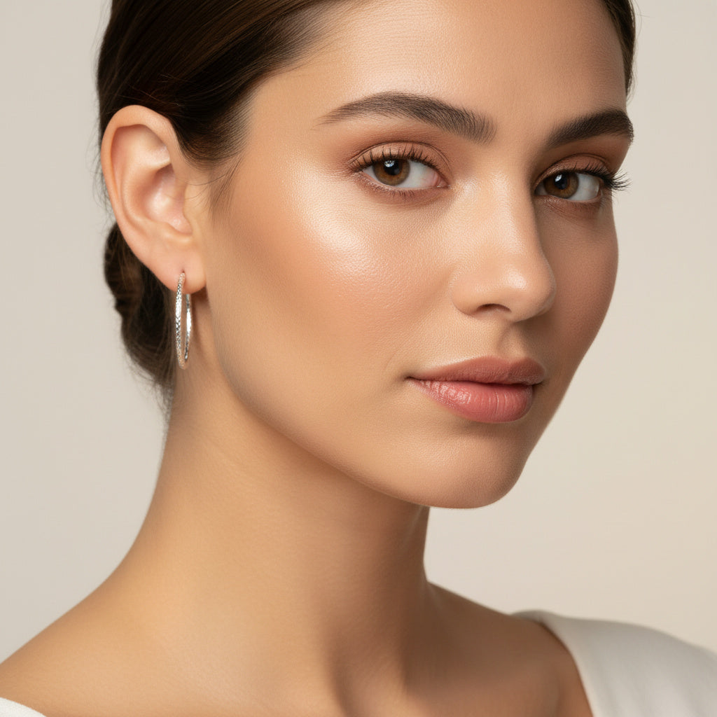 Arracada de Oro 14k Blanco en Diseño Tubular Hueco con Diamantado Fino mod. 10042