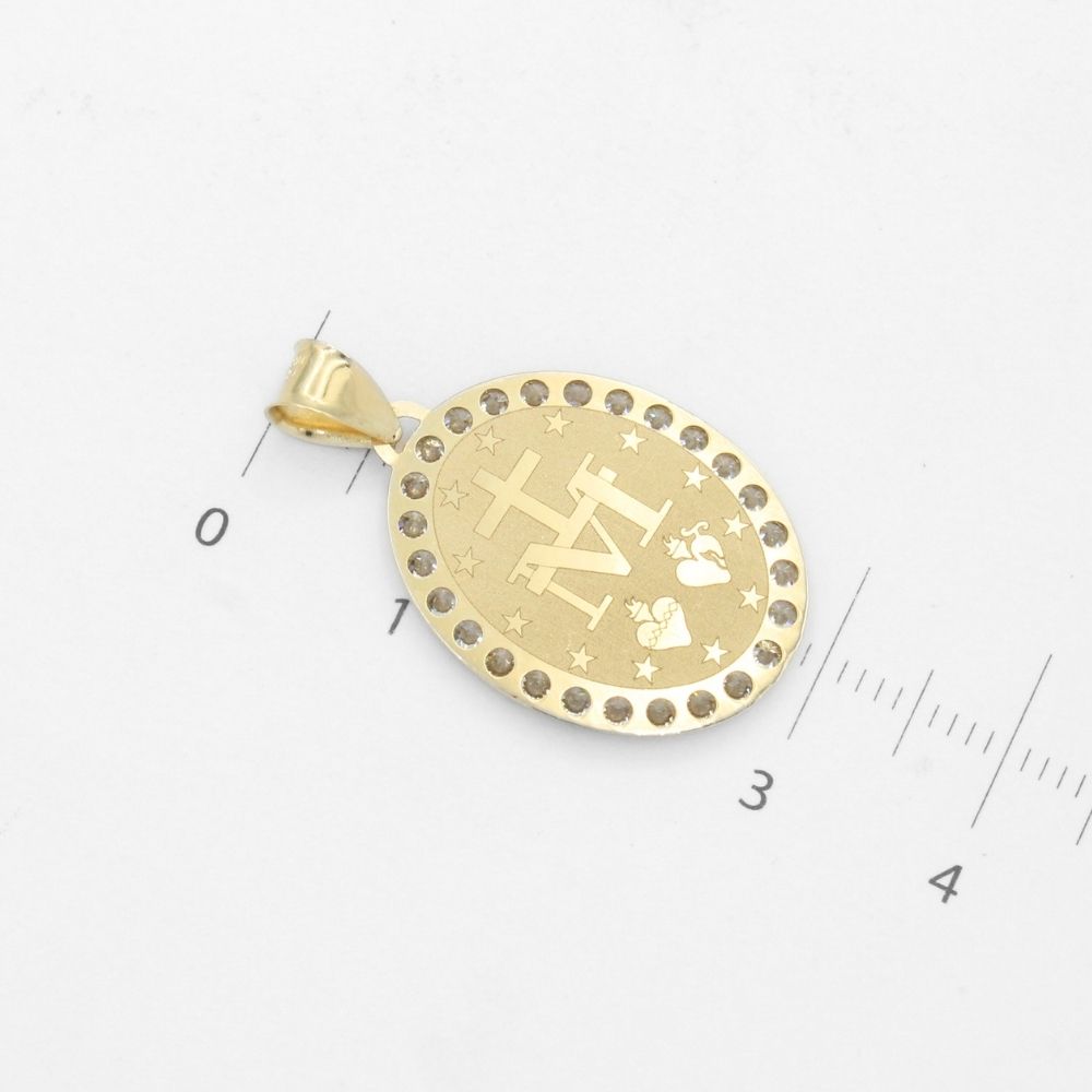 Medalla de Oro 14k Diseño Oval Mate Detallada con Grabado y Zirconias e Imagen de la Virgen Milagrosa mod. 9859