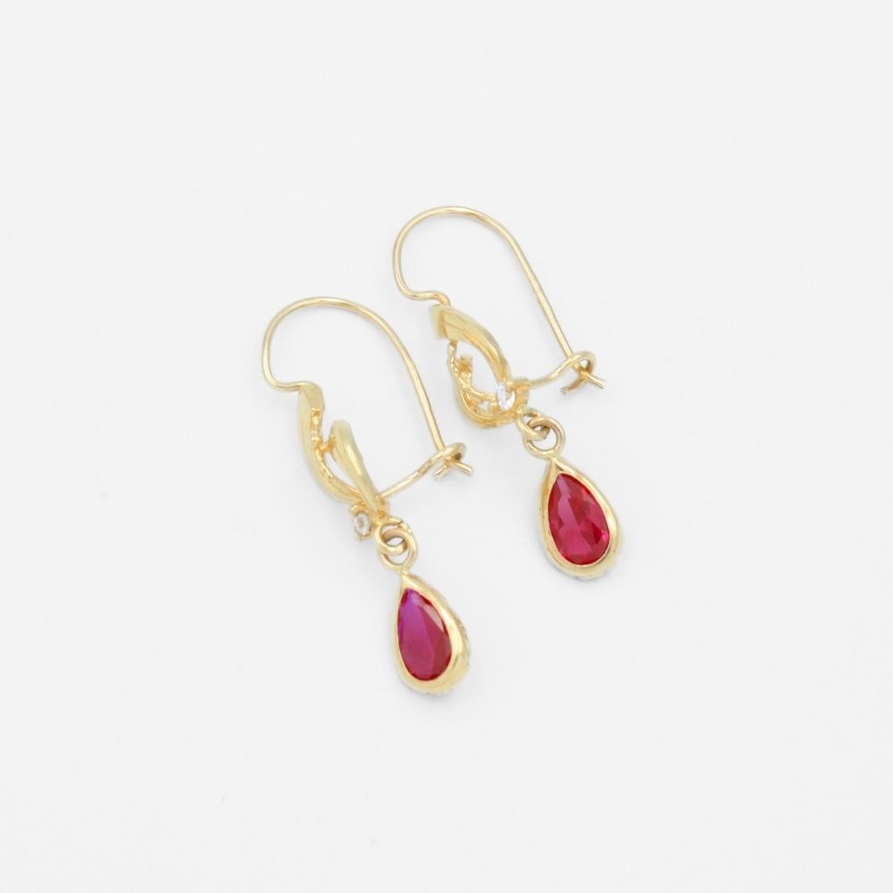 Arete con Broche Arillo de Oro 14k Estilo Largo Elegante con Zirconia Color Rojo Rubí mod. 9768