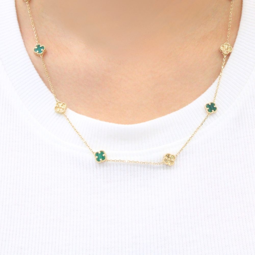 Gargantilla de Oro 14k Diseño Sautoir con Tréboles de Malaquita y Diamantado Fino mod. 9579