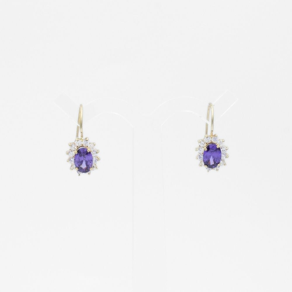 Arete con Broche Arillo de Oro 14k Flor de Zirconia Morada con Zirconias Brillantes mod. 9765