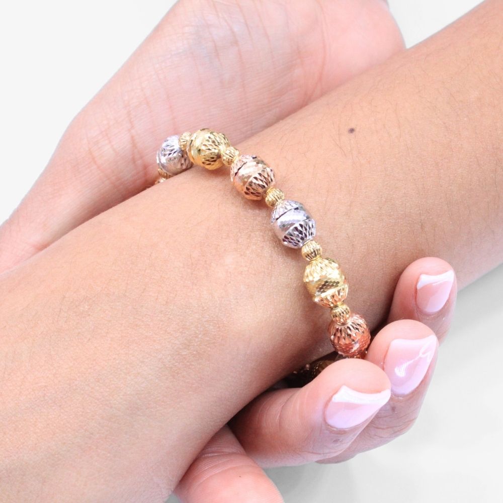Pulsera Especial de Esferas Decoradas con Diamantado Fino en Diseño Inflado Hueco  mod. 7846