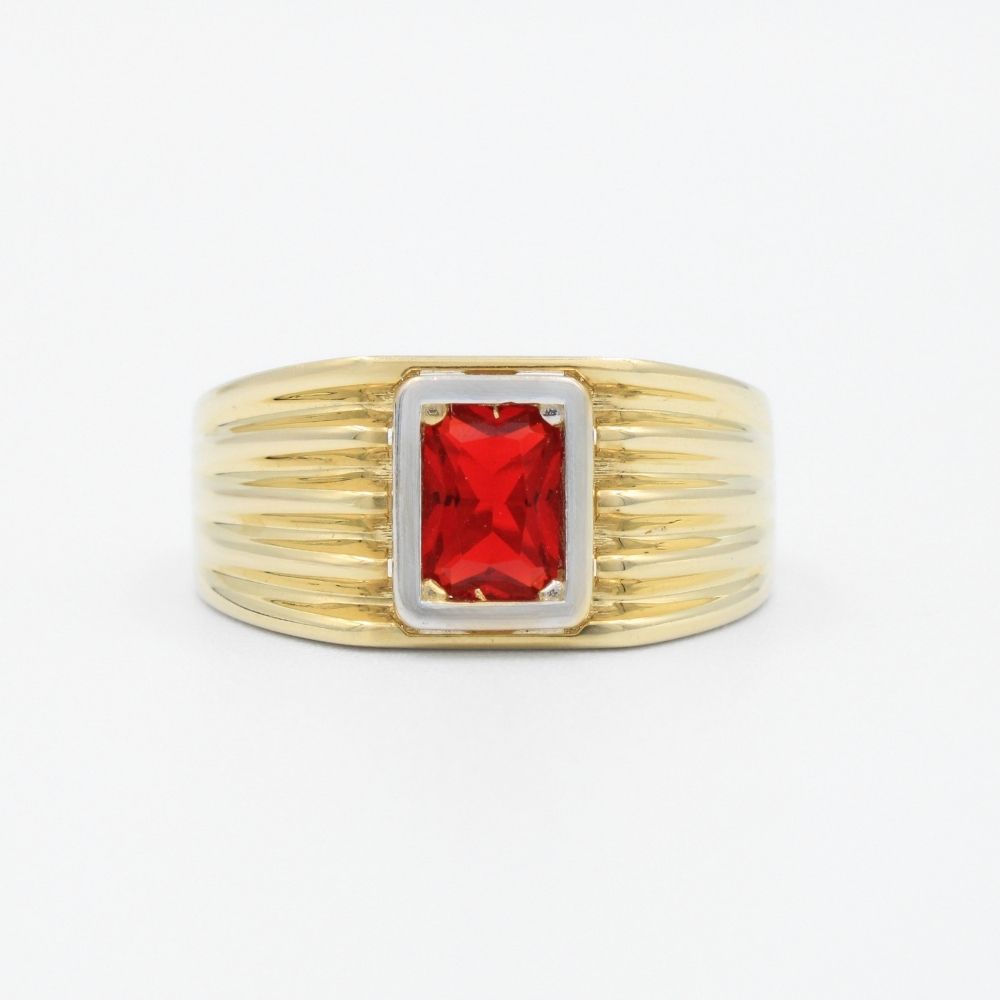 Anillo de Oro 14k Diseño Acanalado con Zirconia Color Rojo Rubí en Bisel Brillante mod. 9469