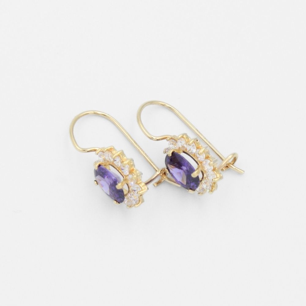 Arete con Broche Arillo de Oro 14k Flor de Zirconia Morada con Zirconias Brillantes mod. 9765