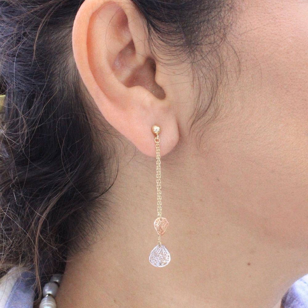 Arete Largo de Oro 14k con Tiras y Colgante de Red Brillante mod. 9101