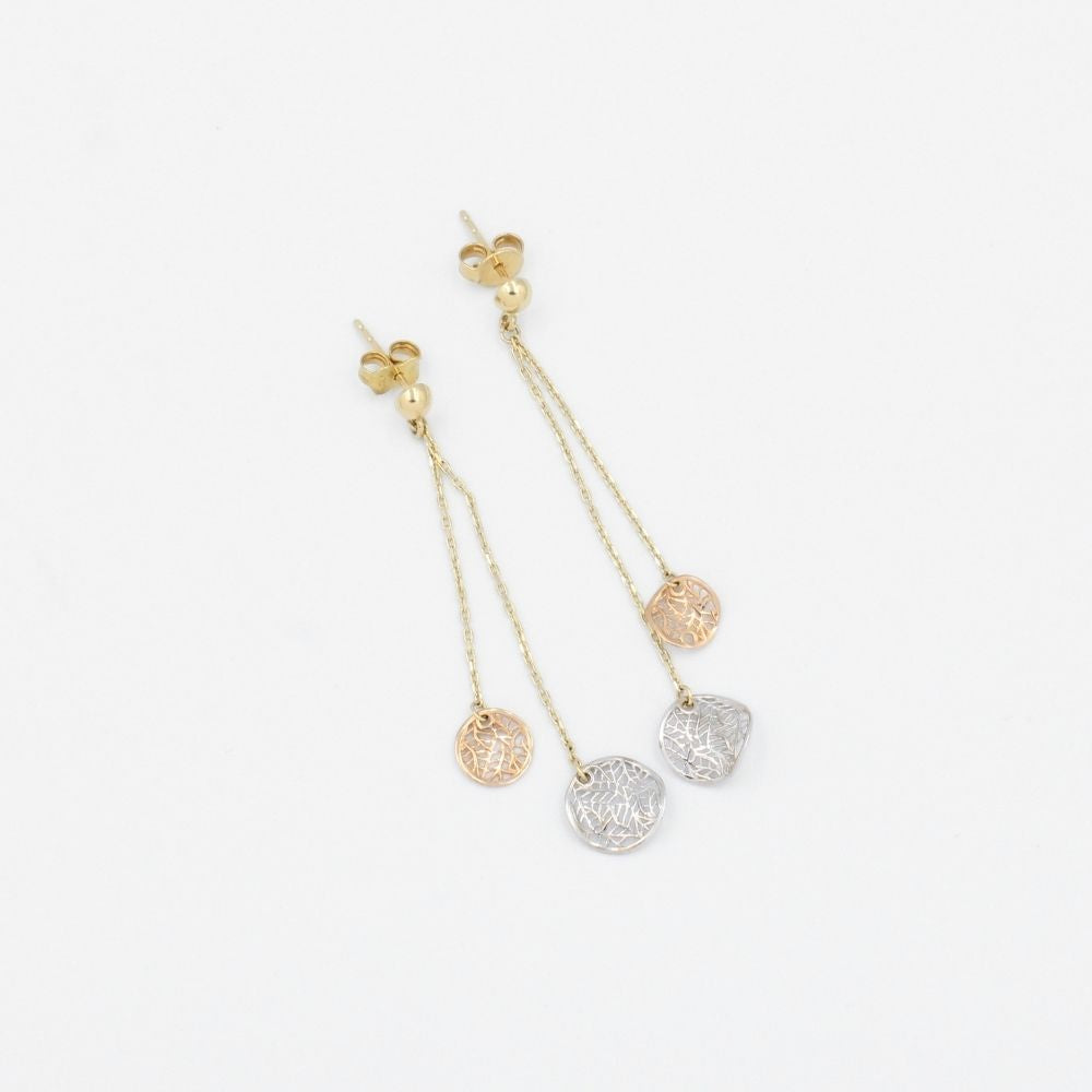 Arete Largo de Oro 14k con Tiras y Colgante de Red Brillante mod. 9101