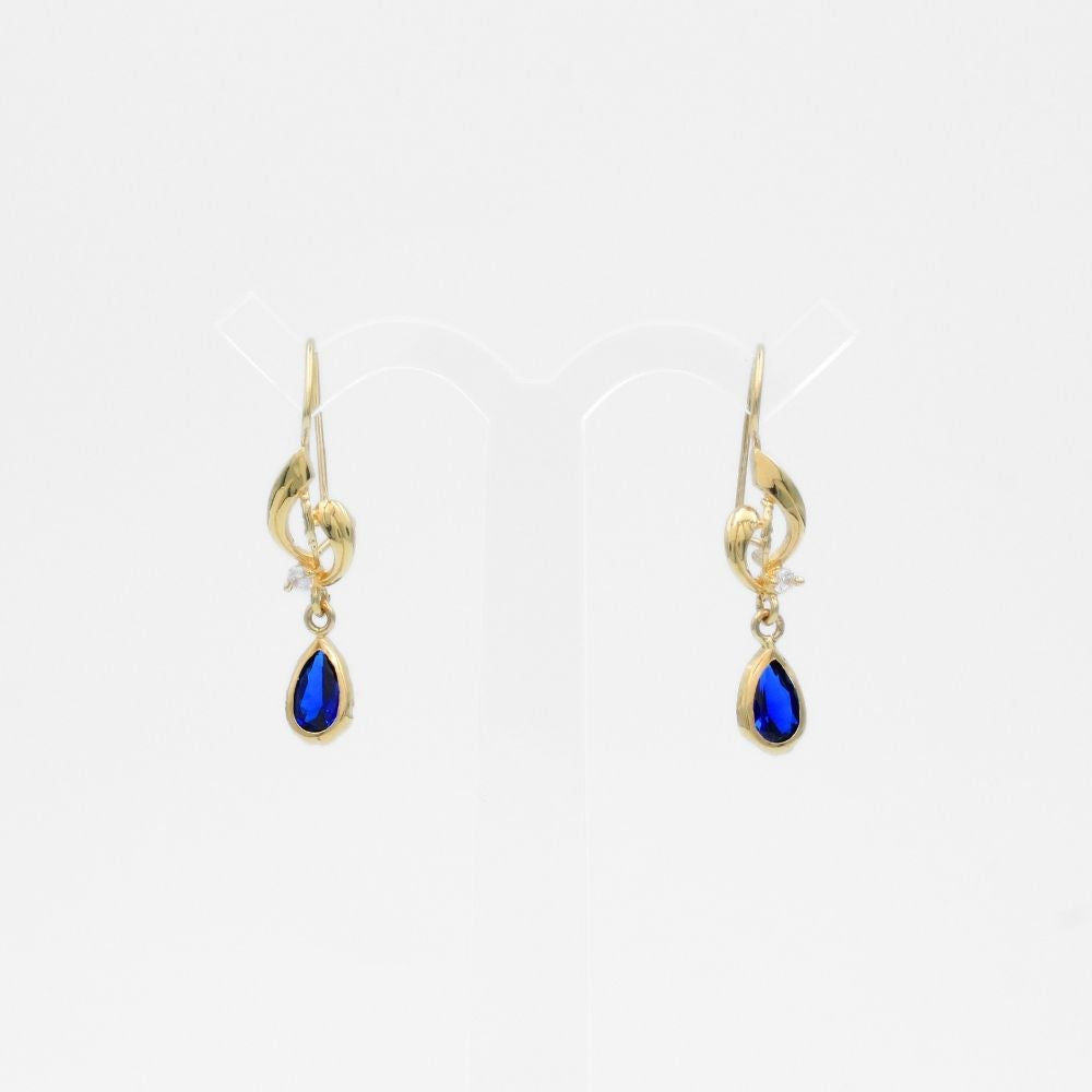 Arete con Broche Arillo de Oro 14k Estilo Largo Elegante con Zirconia Color Azul Marino mod. 9768