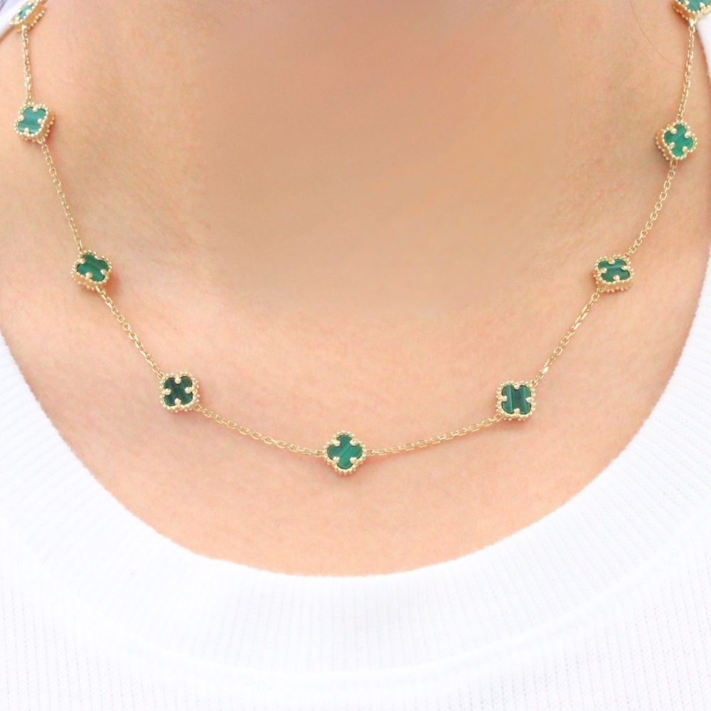 Gargantilla de Oro 14k con Tréboles de Malaquita  mod. 9580