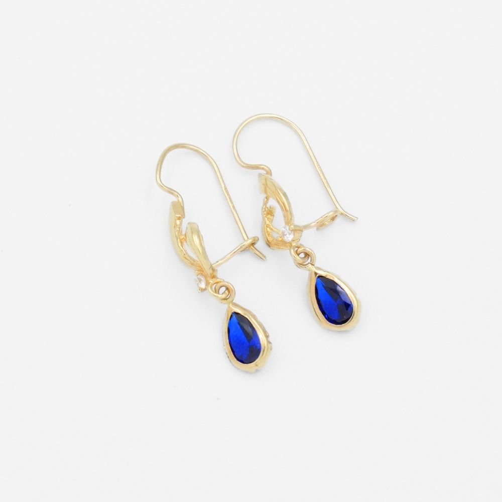 Arete con Broche Arillo de Oro 14k Estilo Largo Elegante con Zirconia Color Azul Marino mod. 9768