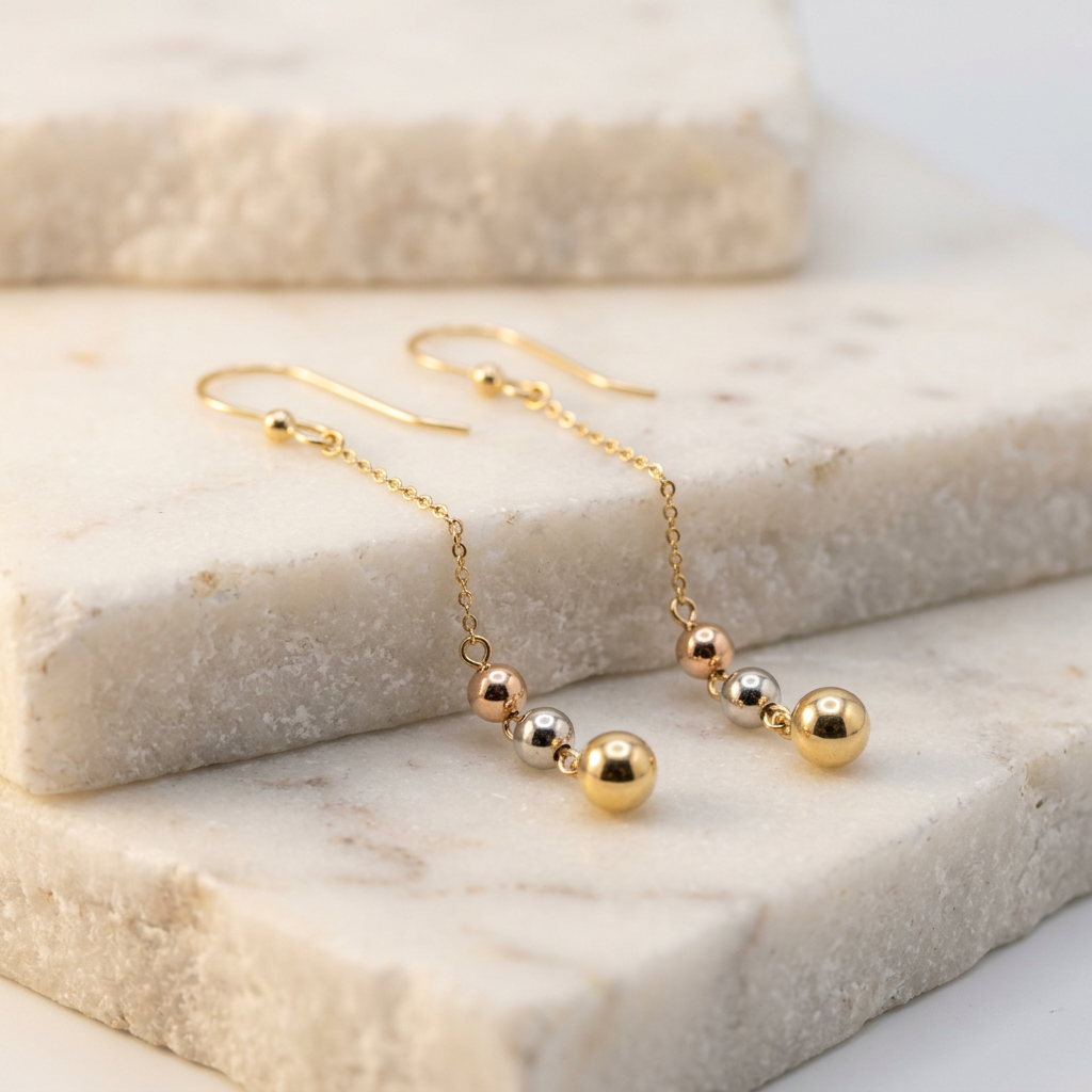 Arete Largo de Oro 14k Fino con Bolitas Florentinas mod. 11235