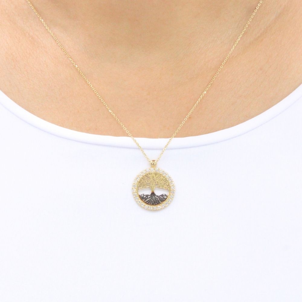 Gargantilla de Oro 14k Árbol de la Vida con Zirconias y Detalle de Esmalte Negro mod. 9628
