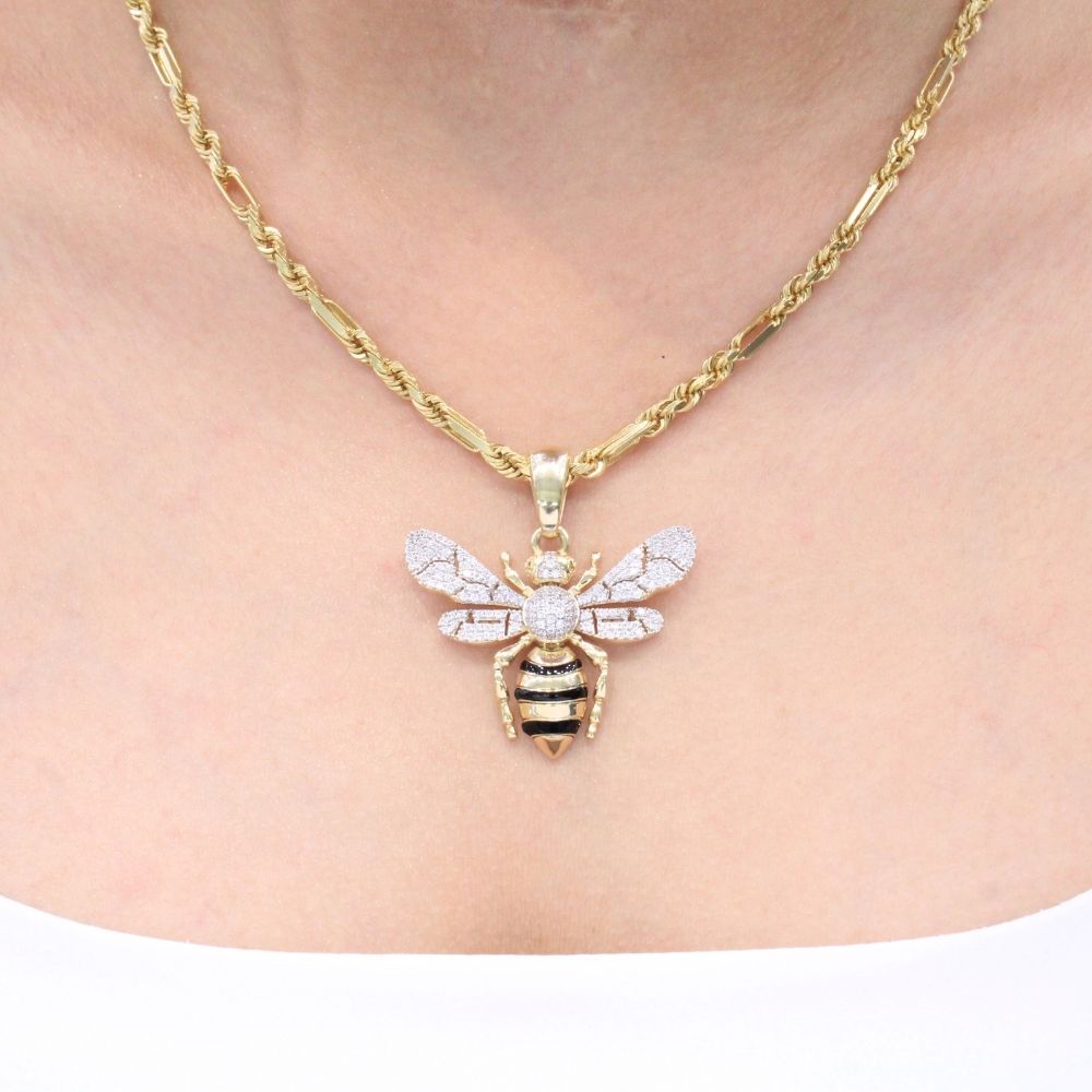 Dije Monaco Chain de Oro 14k Abeja Reina Diseño Especial con Incrustación de Swarovski mod. 9662