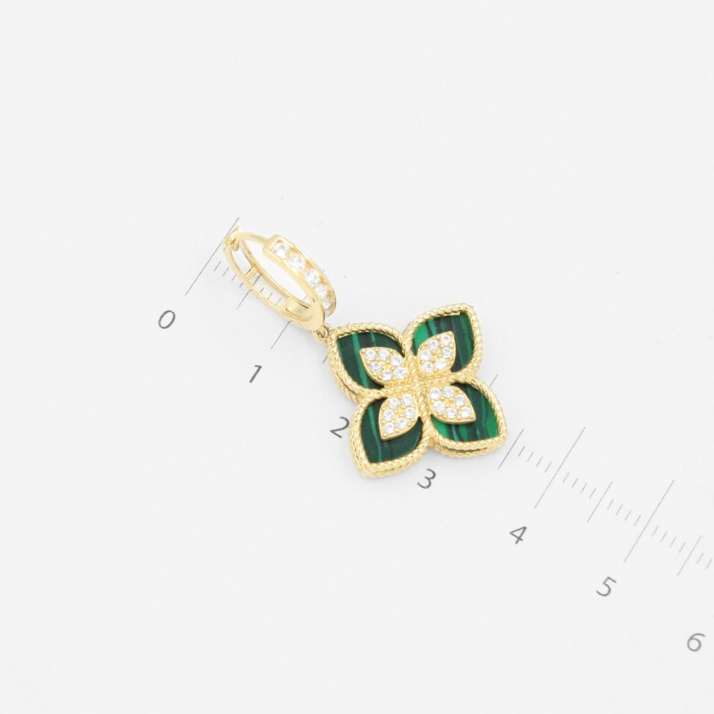 Grapa Larga de Oro 14k con Flor de Malaquita y Zirconias mod. 9059