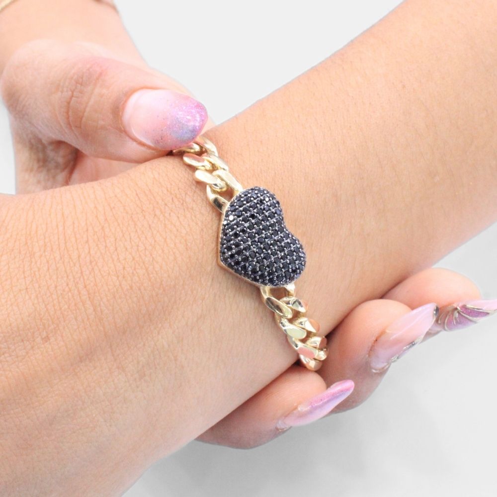 Pulsera de Oro 14k Diseño Hueco Plus con Corazón Incrustado con Zirconias Oscuras mod. 9379