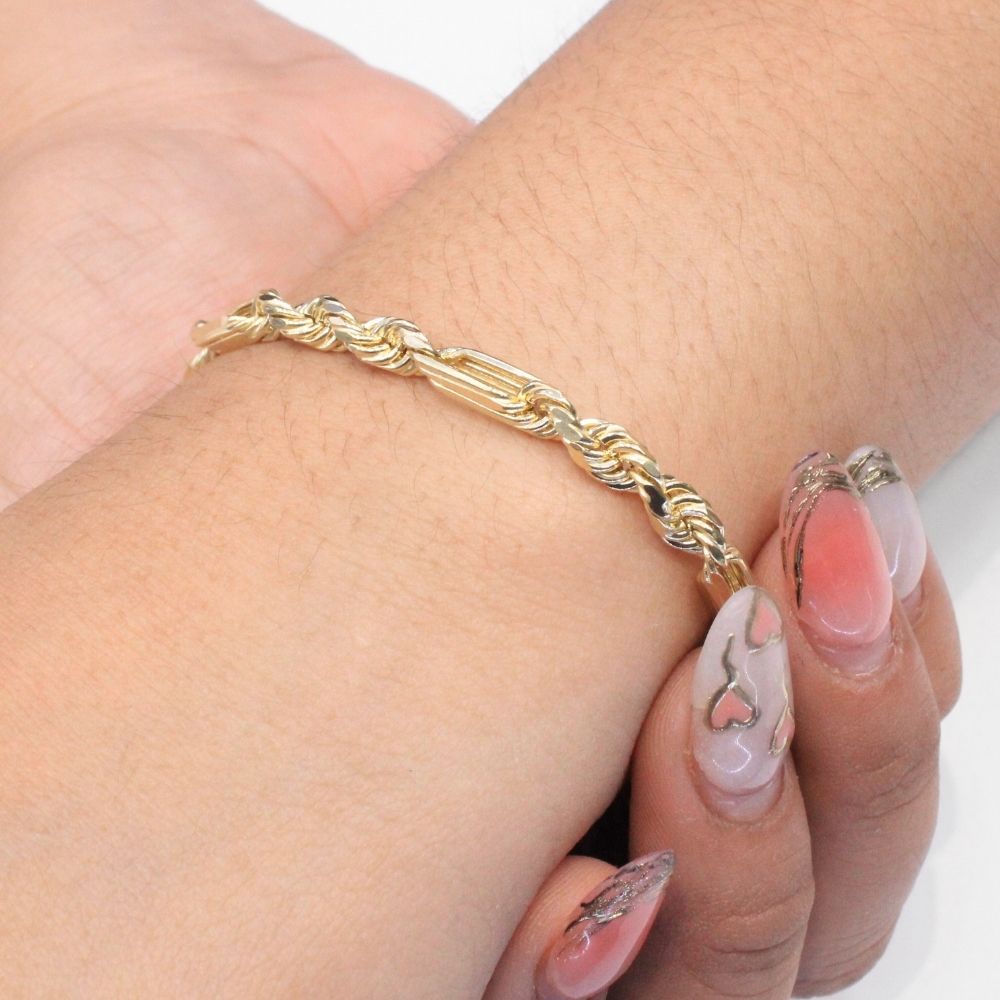 Pulsera Eslabón de Oro 14k Tejido Fígaro Especial Hueco mod. 8824