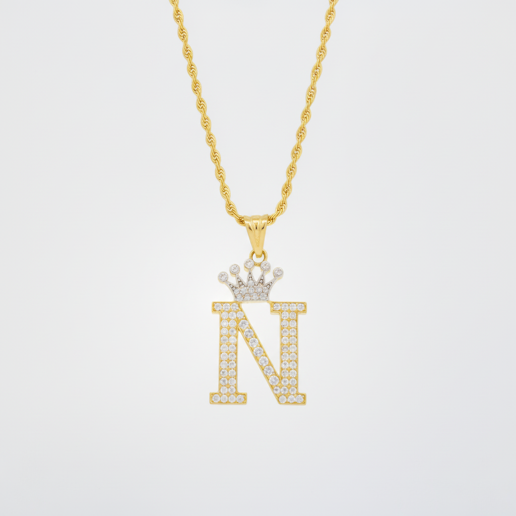 Dije de Oro 14k con Diseño de Inicial N Incrustada con Zirconias mod. 10103