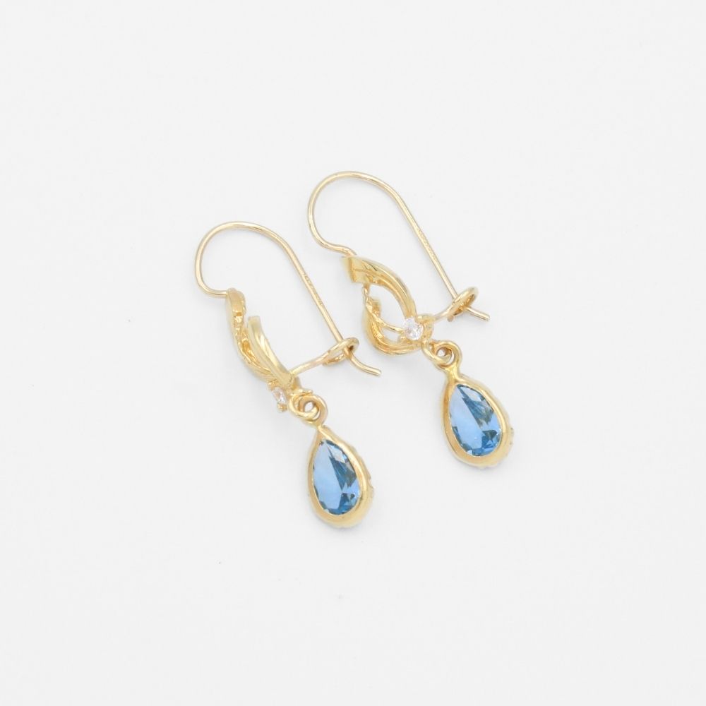 Arete con Broche Arillo de Oro 14k Estilo Largo Elegante con Zirconia Color Azul Cielo mod. 9768