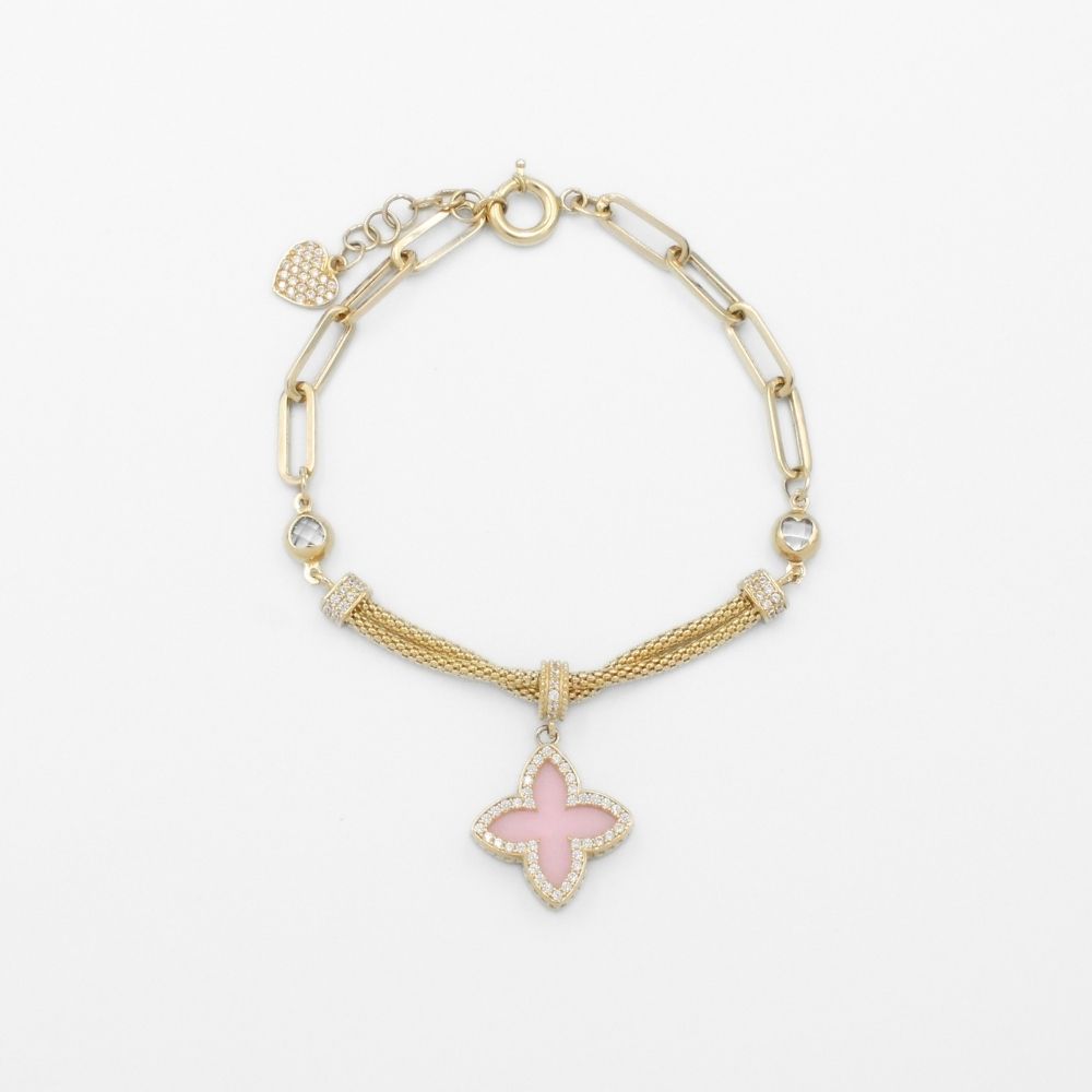 Pulsera de Oro 14k Diseño de Tejido Fino con Trébol Incrustado con Zirconias y Piedra Rosa mod. 9755