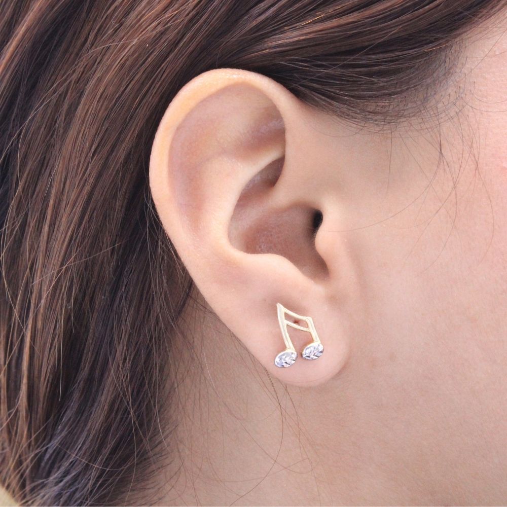 Arete de Oro 14k Nota Musical Hueca con Diamantado Blanco mod. 8624