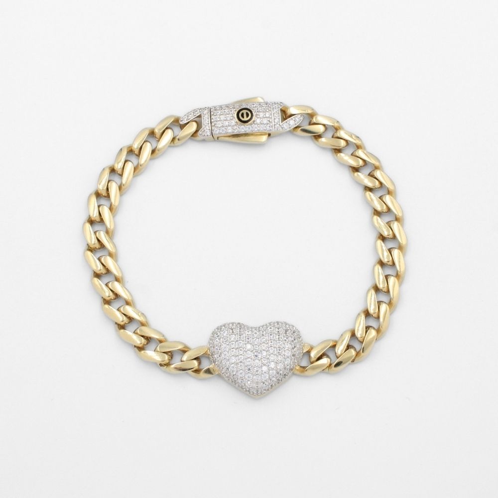Pulsera de Oro 14k Hueco de Tejido Barbado con Broche y Corazón Incrustados de Zirconias mod. 9687
