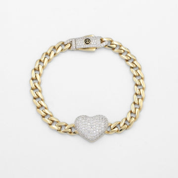 Pulsera de Oro 14k Hueco de Tejido Barbado con Broche y Corazón Incrustados de Zirconias mod. 9687