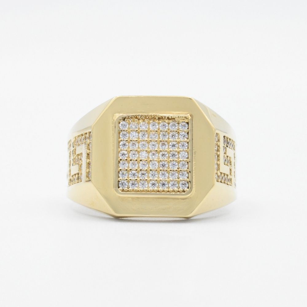 Anillo de Oro 14k Diseño con Grecas de Zirconias y Frente Brillante mod. 9471