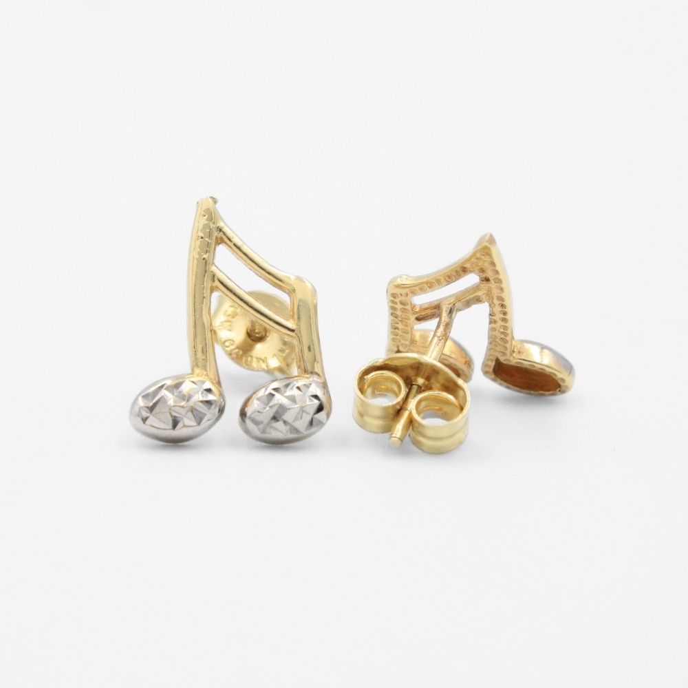 Arete de Oro 14k Nota Musical Hueca con Diamantado Blanco mod. 8624
