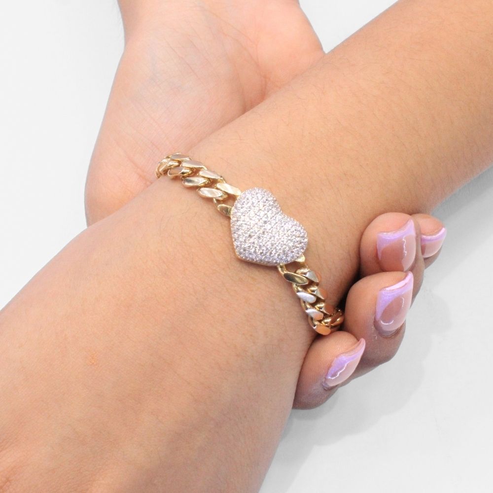 Pulsera de Oro 14k Hueco de Tejido Barbado con Broche y Corazón Incrustados de Zirconias mod. 9687