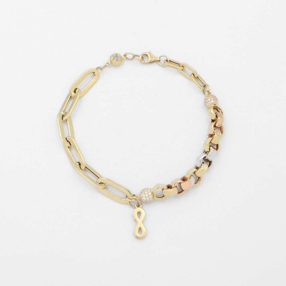 Pulsera de Oro 14k de Tejido Combinado Especial Hueco y Pequeño Infinito Brillante mod. 9709