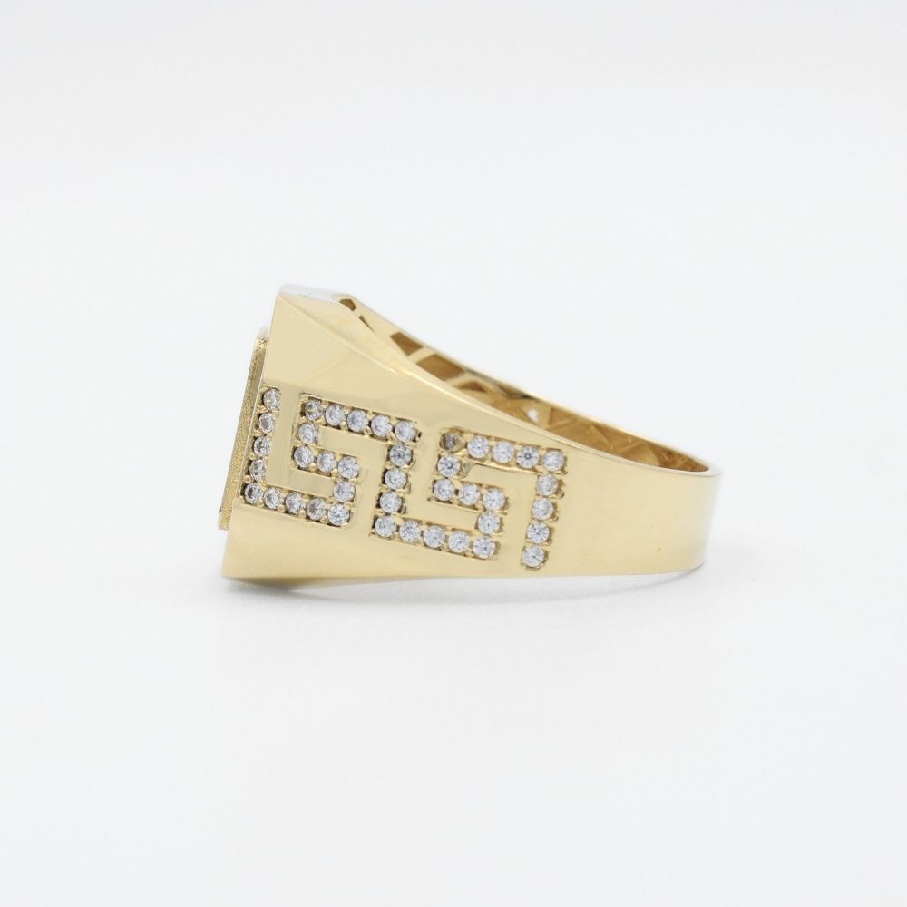 Anillo de Oro 14k Diseño con Grecas de Zirconias y Frente Brillante mod. 9471