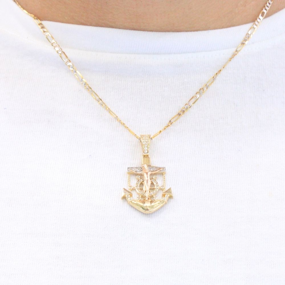 Dije de Oro 14k Diseño Ancla con Crucifijo Detallado con Zirconias mod. 9493