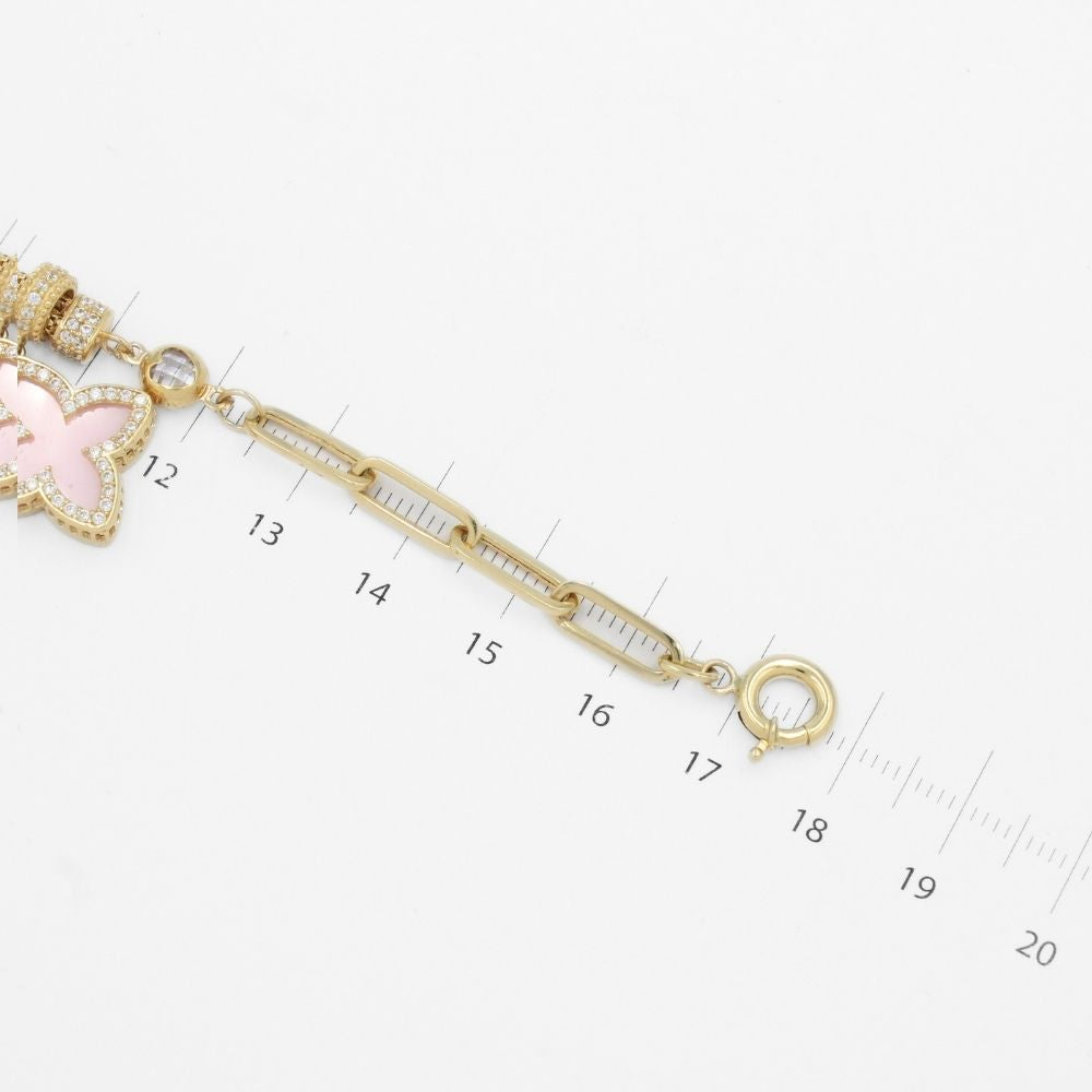 Pulsera de Oro 14k Diseño de Tejido Fino con Trébol Incrustado con Zirconias y Piedra Rosa mod. 9755