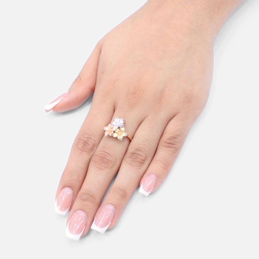 Anillo de Oro 14k con Flores del Pensamiento de Tono Mate Detalladas con Diamantado mod. 9603