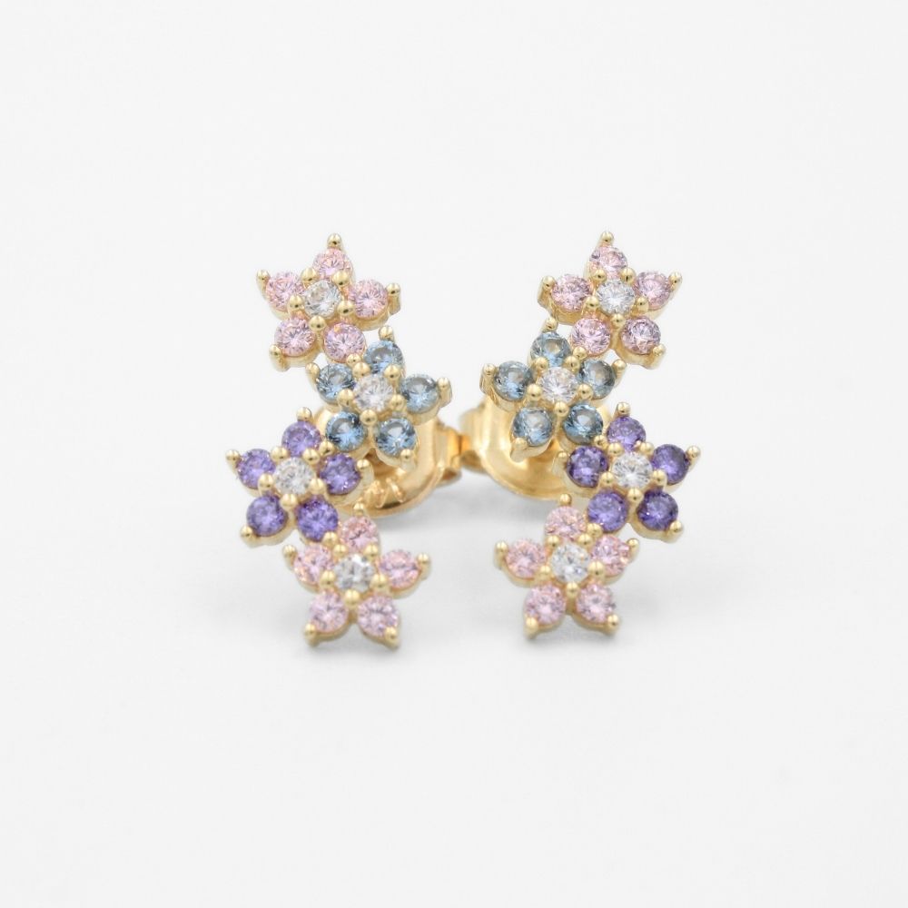 Arete de Oro 14k Flores Incrustadas de Zirconias Brillantes mod. 8625