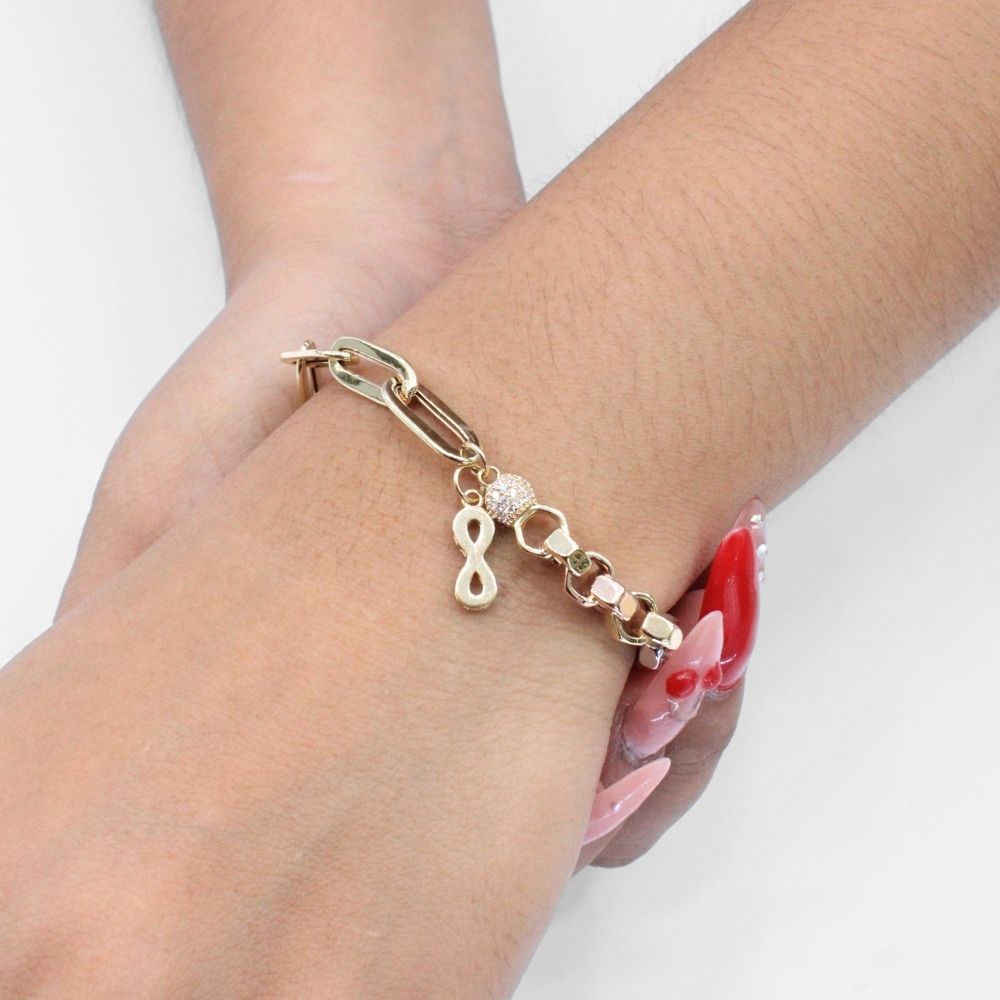 Pulsera de Oro 14k de Tejido Combinado Especial Hueco y Pequeño Infinito Brillante mod. 9709