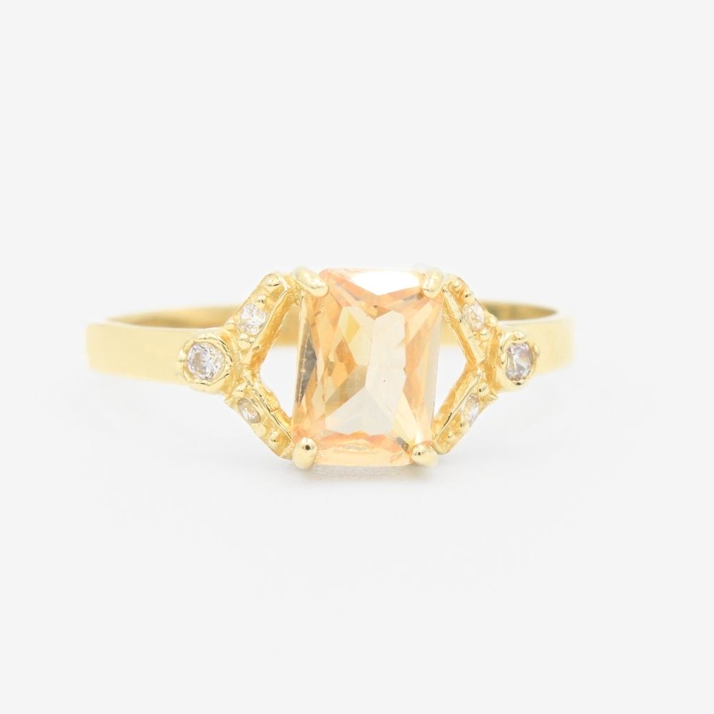 Anillo de Oro 14k con Diseño de V Incrustado de Zirconia en Color Naranja mod. 9214